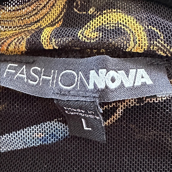 Fashion Nova Black Mesh Long Sleeve Top with Gold Baroque Print - Picture 7 of 7